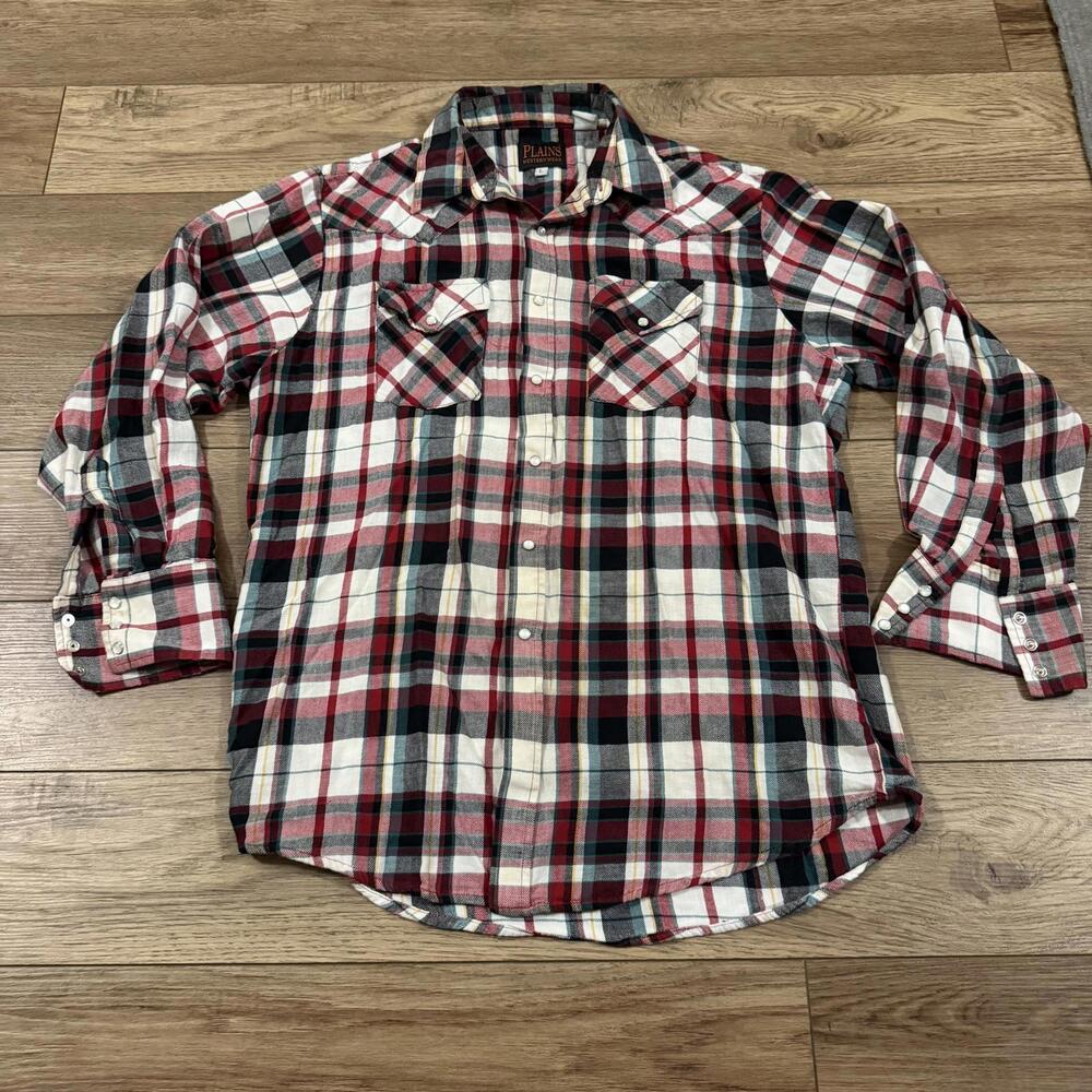 Vintage 90s Plains Western Cowboy Flannel Plaid Snap Shirt L